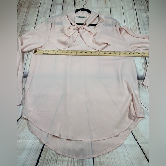 Elegant Blush Pink Sheer Long Sleeve Blouse with Bow Tie at Neckline. - Picture 5 of 8